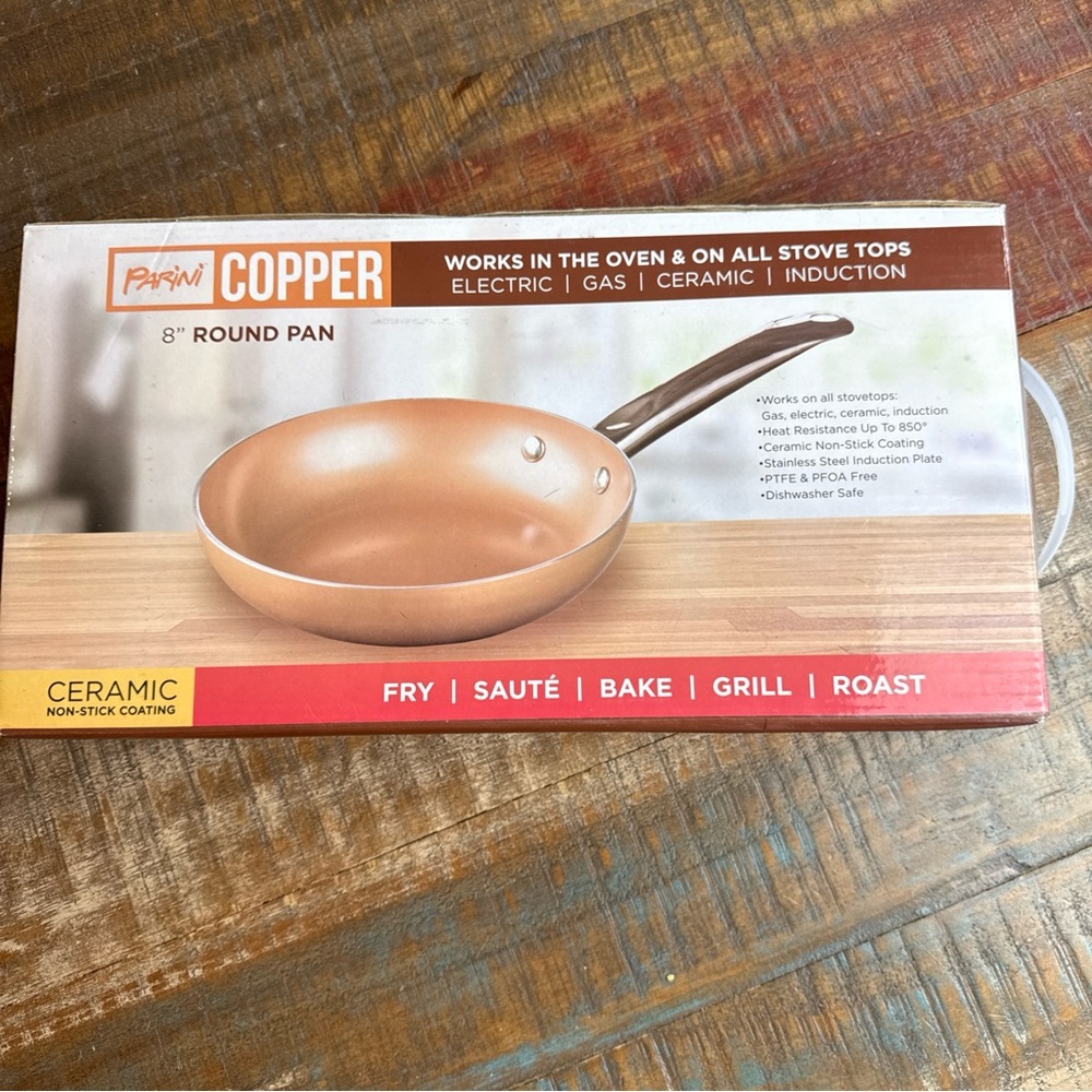 Parini Copper 8" Round Frying Pan Nonstick NIB Works In Oven & All Stove Tops